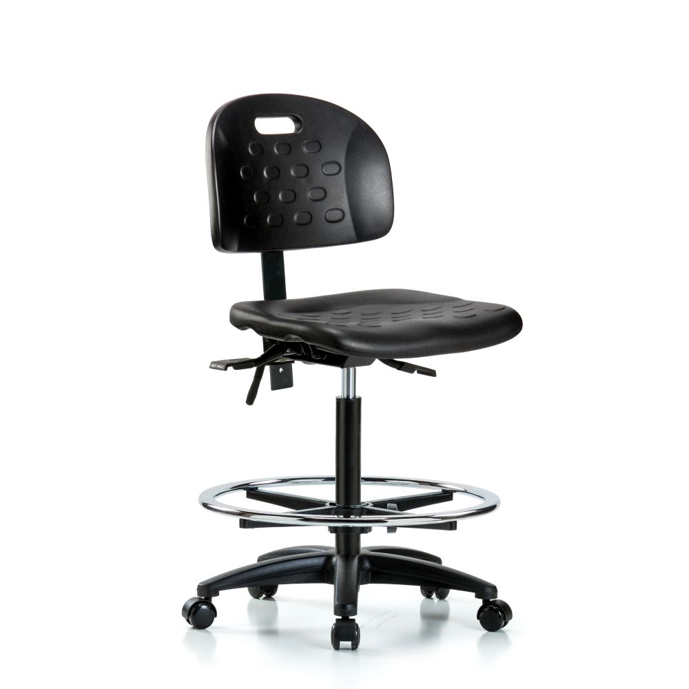 Newport Industrial Polyurethane Chair - High Bench Height with Chrome Foot Ring & Casters in Black P