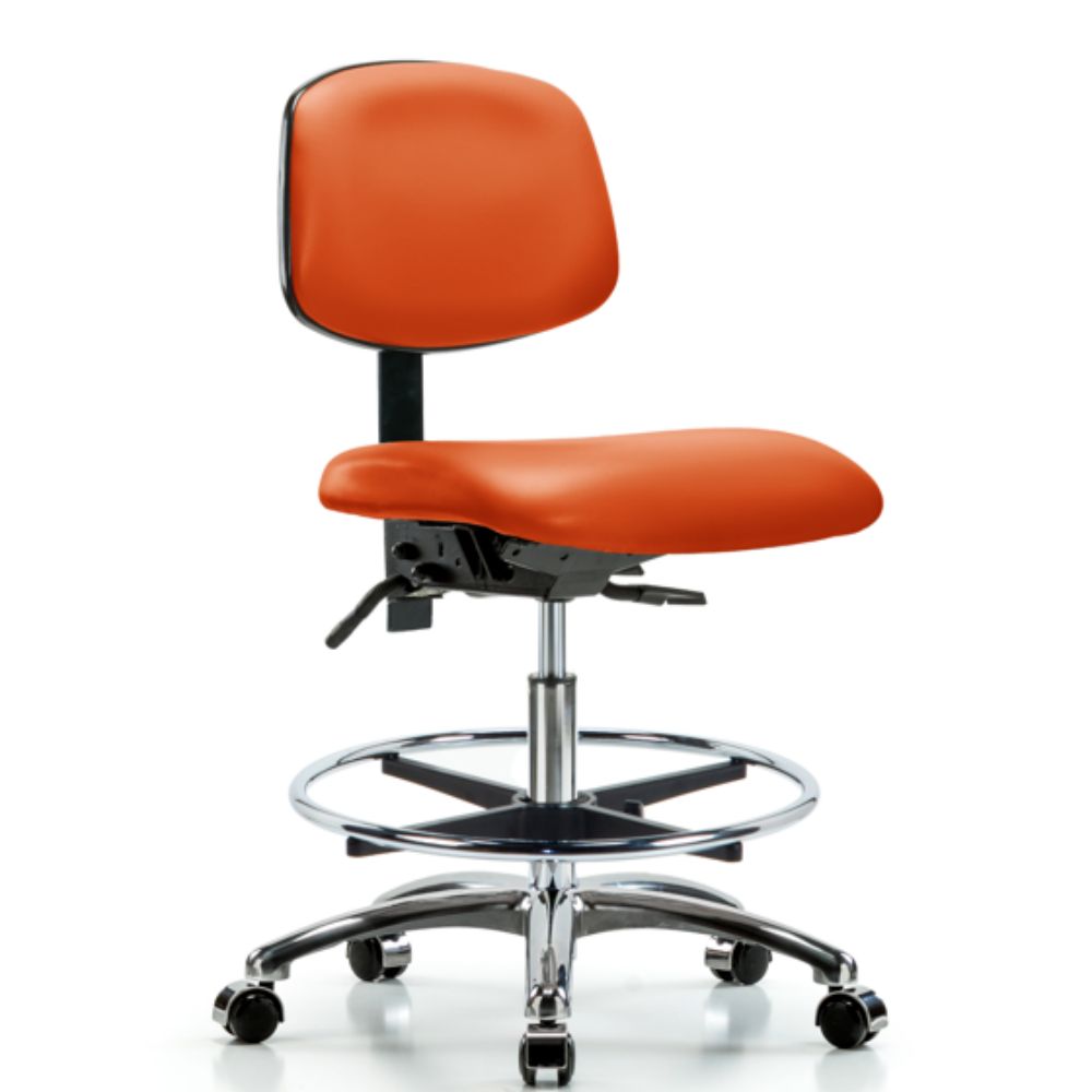 Vinyl Chair Chrome - Medium Bench Height with Chrome Foot Ring & Casters in Orange Kist Trailblazer 