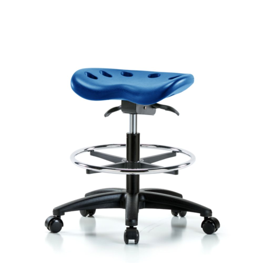 Polyurethane Tractor Sit-Stand Stool - Medium Bench Height with Chrome Foot Ring & Casters in Blue P