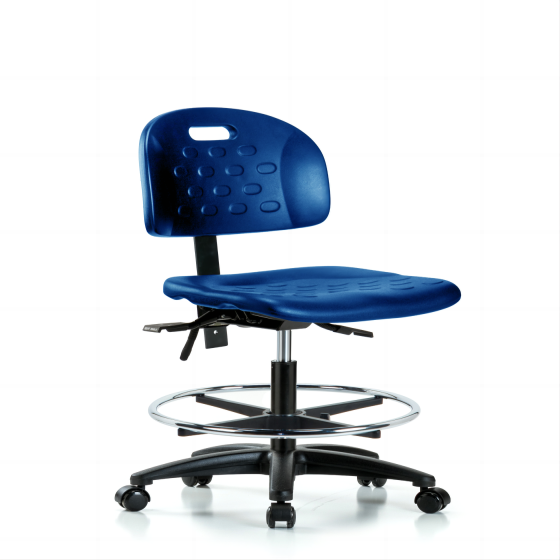 Newport Industrial Polyurethane Chair - Medium Bench Height with Chrome Foot Ring & Casters in Blue 