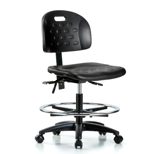Newport Industrial Polyurethane Chair - Medium Bench Height with Chrome Foot Ring & Casters in Black