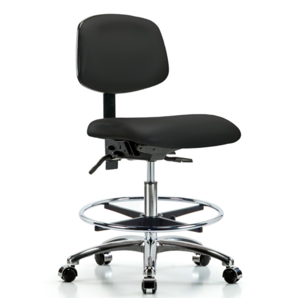 Vinyl Chair Chrome - Medium Bench Height with Seat Tilt, Chrome Foot Ring, & Casters in Black Trailb