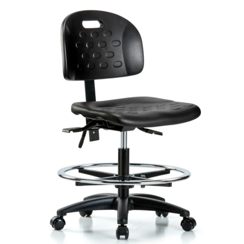 Newport Industrial Polyurethane Chair - Medium Bench Height with Seat Tilt, Chrome Foot Ring, & Cast