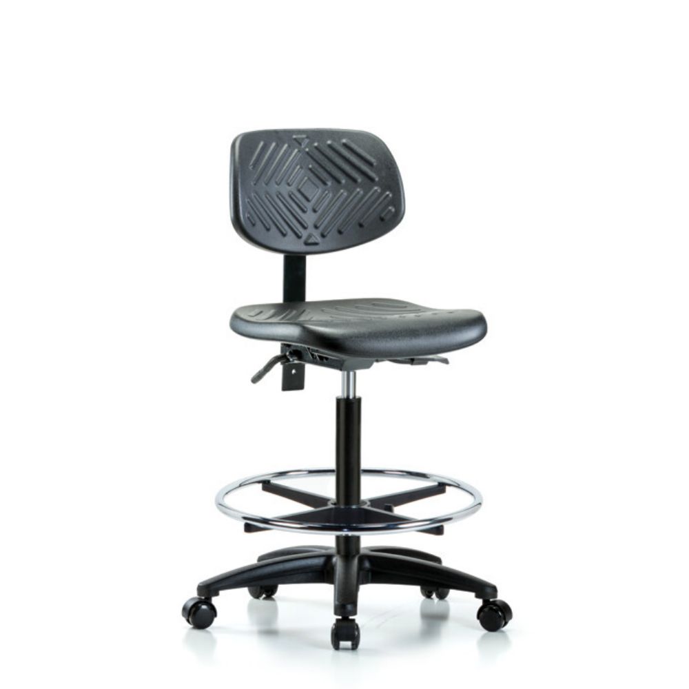 Polyurethane Chair - High Bench Height with Chrome Foot Ring & Casters in Black Polyurethane